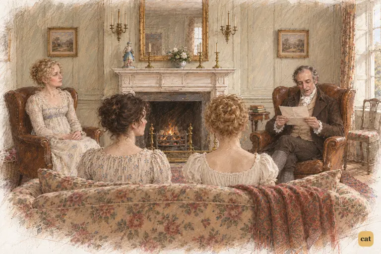 Mr. Bennet reads Collins's ceremonious letter aloud as Mrs. Bennet listens resentfully