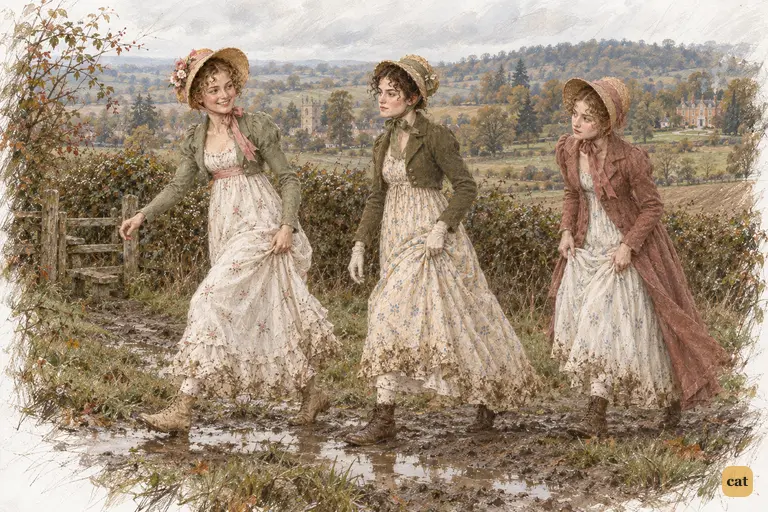 Elizabeth sets out for Jane with steady resolve, accompanied by Lydia and Kitty.