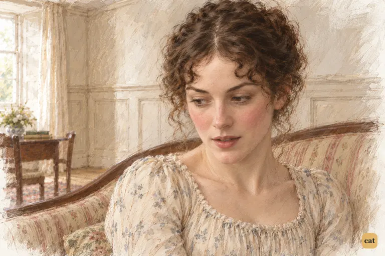Elizabeth lowers her eyes as she reads a knowing meaning into Darcy’s faint smile.