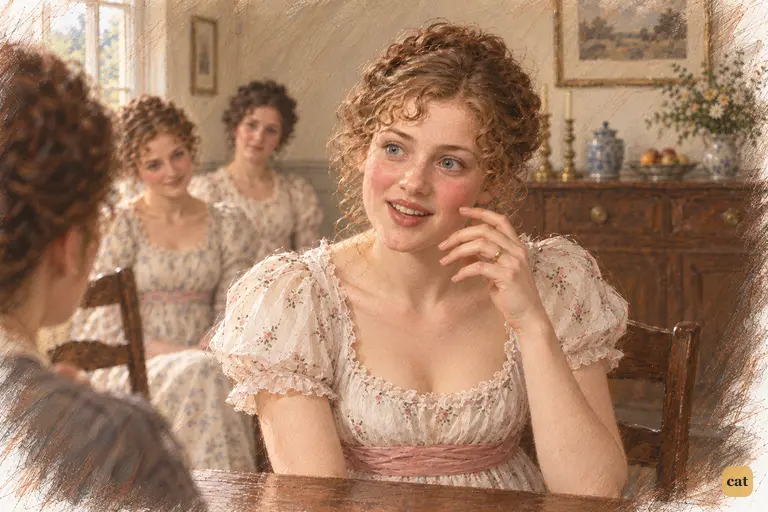 Lydia’s ring hand rises too late to check her disclosure of Darcy’s presence at the wedding.