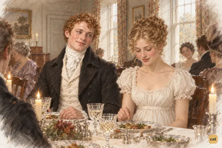 Bingley sits beside Jane, his half-smile checked by a questioning glance toward Darcy.