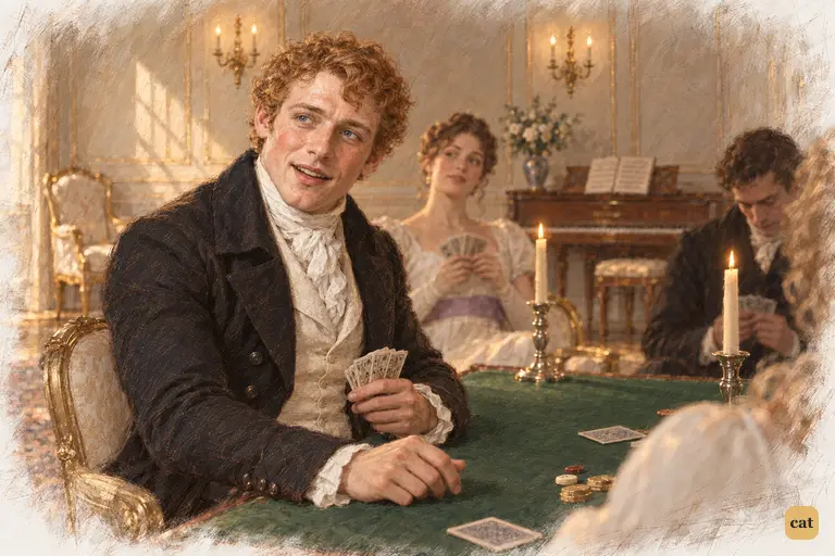 Bingley turns from his cards to offer Elizabeth a heartfelt wish for Jane's recovery.