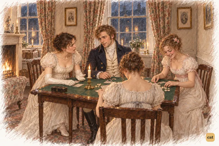 Elizabeth breaks a thoughtful pause to question Darcy’s cruelty, meeting Wickham’s attentive gaze.