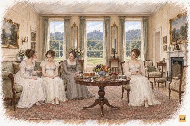 Caroline Bingley seeks Georgiana Darcy’s agreement in her criticism of Elizabeth.