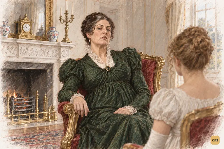 Lady Catherine sits erect in her crimson armchair, addressing her guests with chilly authority.