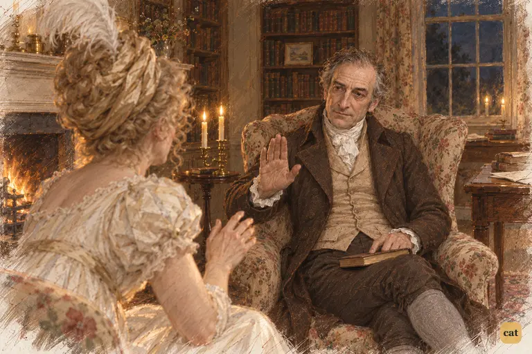 Mr. Bennet stops his wife's account of lace with a weary raised palm.