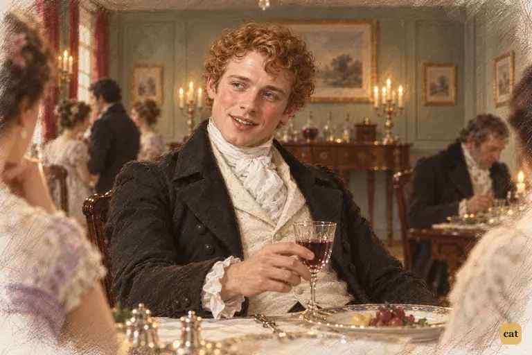 Bingley gently defends Elizabeth, turning his wine glass as his sisters lean to Darcy