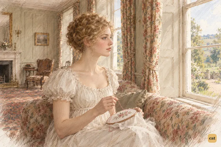 Jane pauses over her embroidery and gazes toward the distant road.