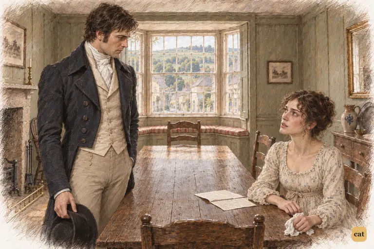Elizabeth meets Darcy’s eyes as she asks him to conceal her family’s unhappy news.