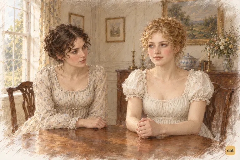 Jane's clasped hands and wandering attention betray unease beneath her composure