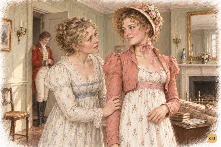 Mrs. Bennet holds Lydia's forearm as she leaves, urging her to write often
