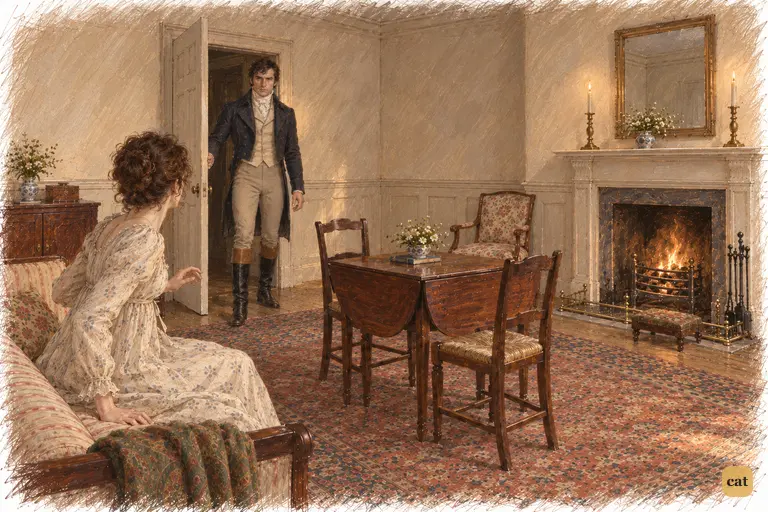 Elizabeth turns sharply on the sofa as Darcy enters the quiet drawing-room.