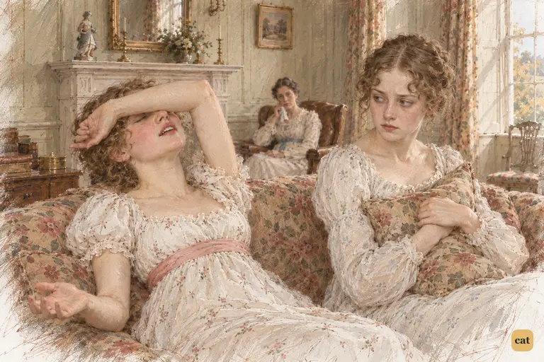 Lydia theatrically despairs at the regiment’s departure while Kitty clutches a cushion