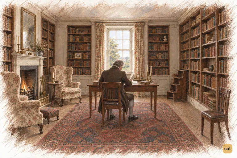 Mr. Bennet writes his teasing reply to Mr. Collins in the cool daylight of his library.