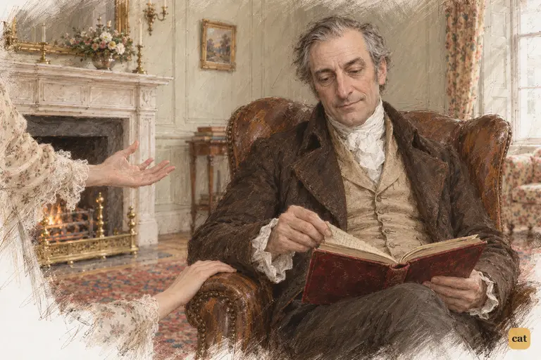 Mr. Bennet calmly turns a page while his family's questions press in from the edges.