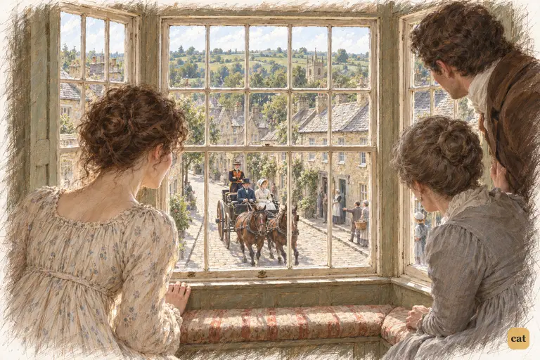 Elizabeth recognises the Pemberley livery from the upstairs window and half-turns toward her aunt.