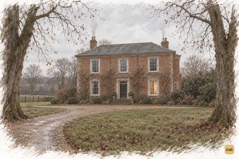 Longbourn stands quiet beneath a pale winter sky, its door closed and grounds still