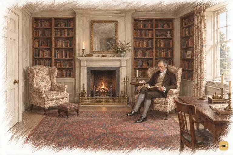 Mr. Bennet settles into his library chair with a book, his sealed reply within reach