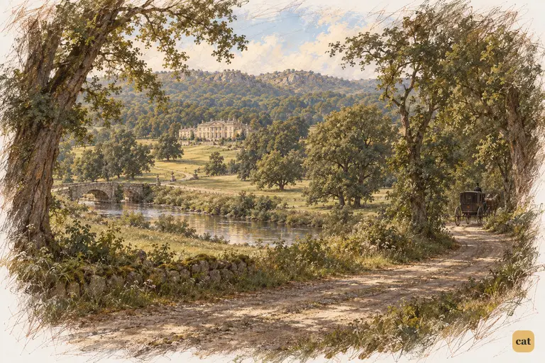 Pemberley remains visible across the sunlit valley as the carriage enters the woods