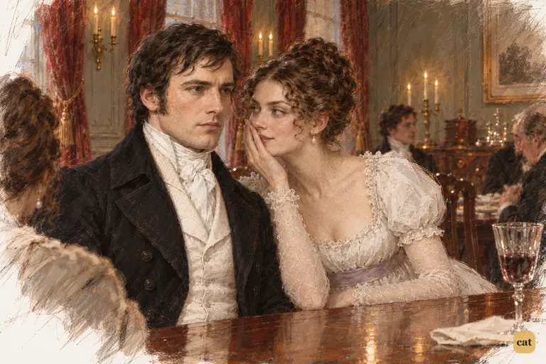 Caroline Bingley leans toward Darcy to needle him about Elizabeth’s fine eyes.