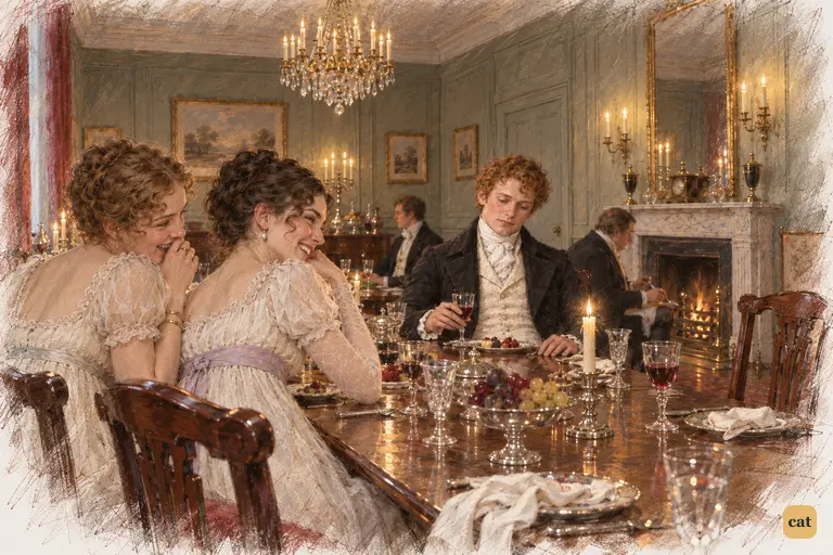 Bingley lowers his gaze as Caroline and Louisa prolong their mocking laughter.