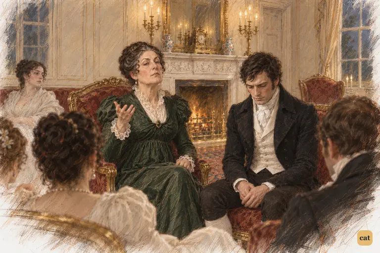 Darcy lowers his eyes in silence, embarrassed as Lady Catherine condescends to the guests