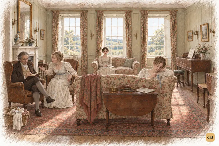 Mr. Bennet retreats into his book while Mrs. Bennet speaks across the hearth.
