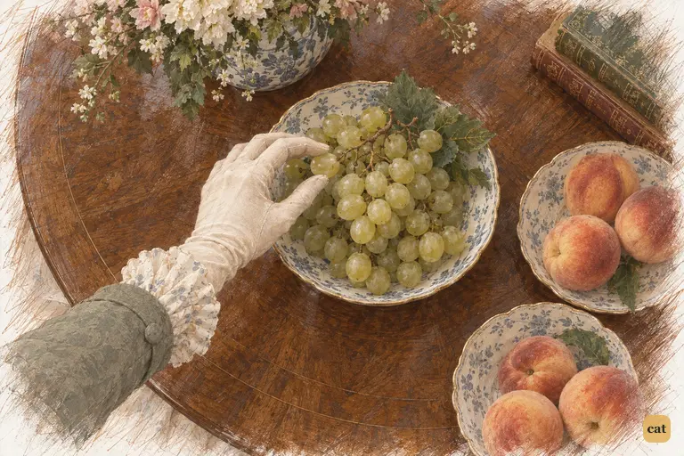 Elizabeth’s gloved hand arrests just above the grapes as Darcy enters.