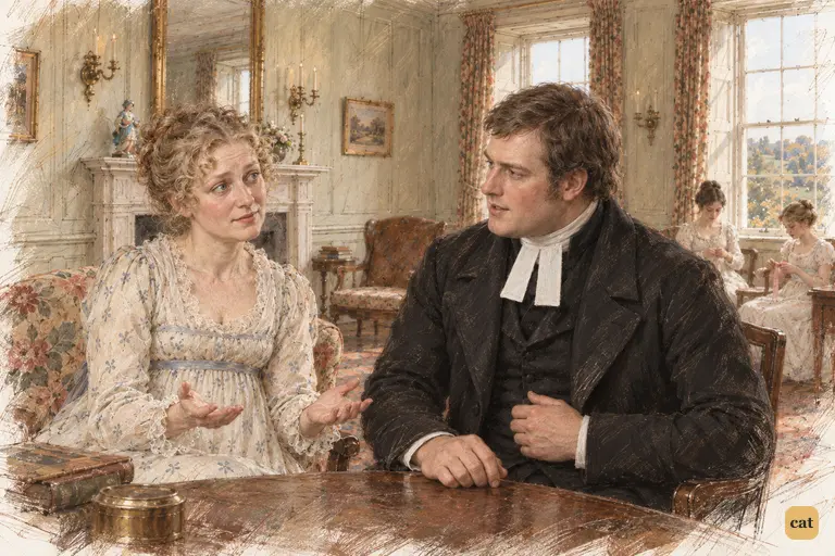 Mr. Collins solemnly names the entail as Mrs. Bennet politely appeals for her daughters