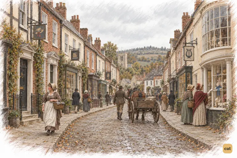 A quiet view of Meryton places the attorney’s office opposite the milliner’s shop.