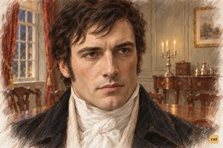Darcy listens to Mrs. Bennet across the supper table with composed, steady gravity