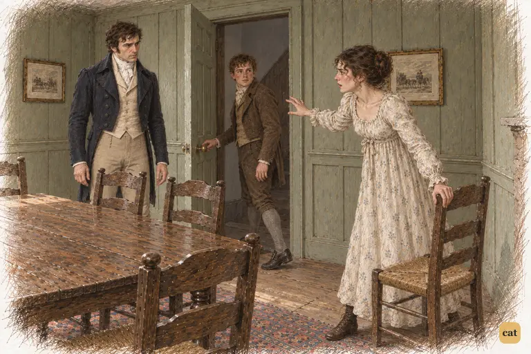 Elizabeth braces herself against a chair and breathlessly sends John to fetch the Gardiners.