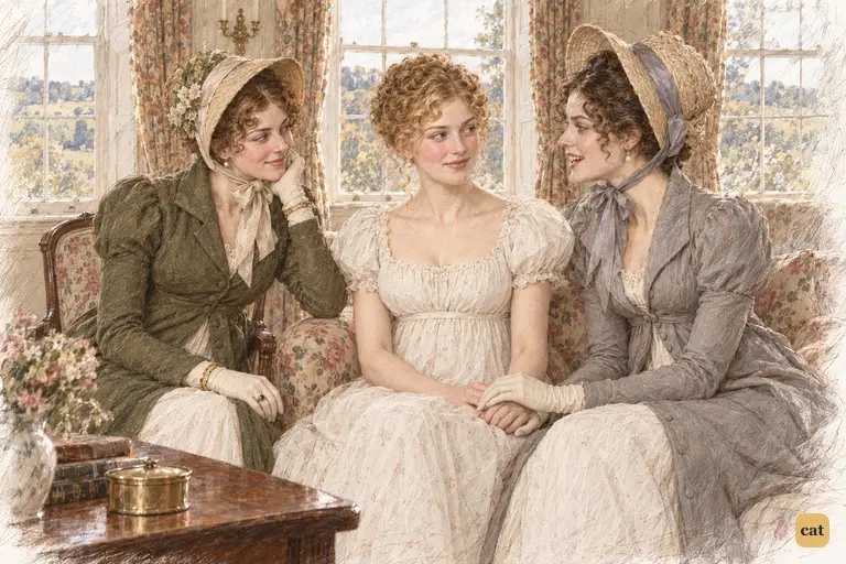 Caroline and Louisa draw Jane into an intimate seated reunion at Longbourn.