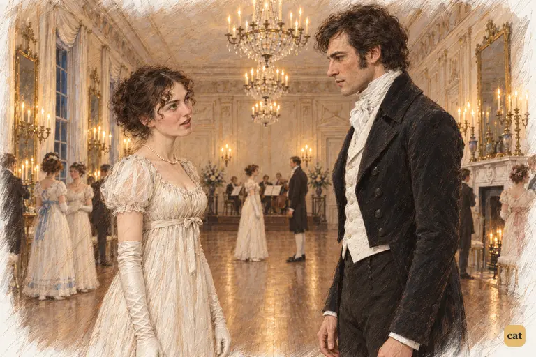 Elizabeth’s slight smile barely conceals her distrust as she questions Darcy across the dance floor.