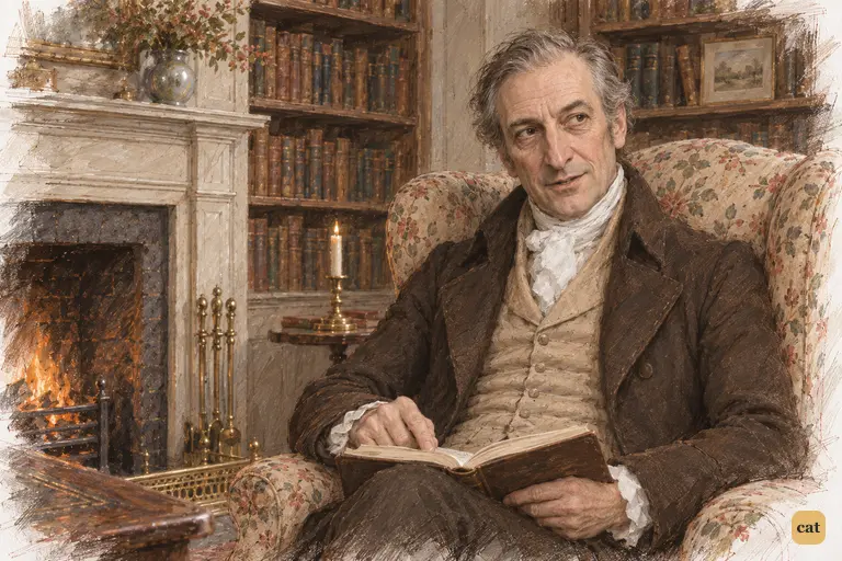 Mr. Bennet answers Elizabeth’s warning with dry irony, keeping one finger on his open book.