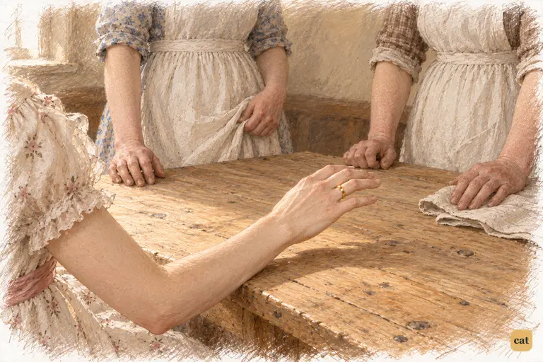 Lydia offers her wedding ring for admiration above the scrubbed pine table.