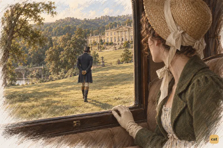 Elizabeth watches from the departing carriage as Darcy walks slowly toward Pemberley.