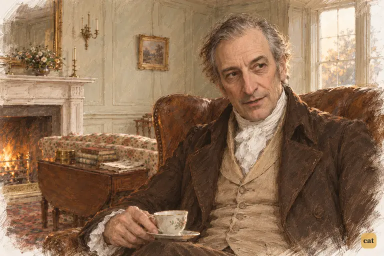 Mr. Bennet speaks his admission of blame into the fire, his forgotten teacup resting on his knee.