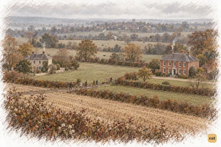 Lucas Lodge and Longbourn face each other across autumn fields, Meryton on the horizon