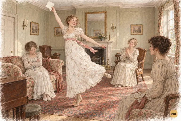 Lydia whirls across the Longbourn parlour, invitation raised, as Mrs. Bennet applauds