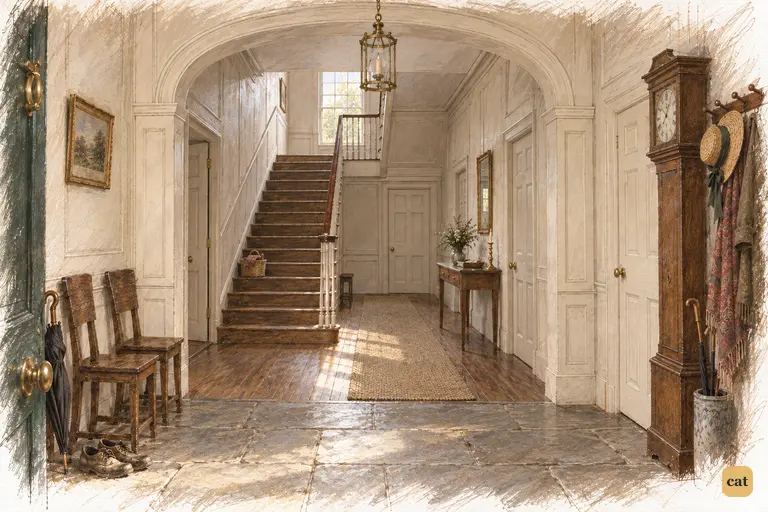 Longbourn’s entrance hall rests empty after Elizabeth and Darcy have parted.