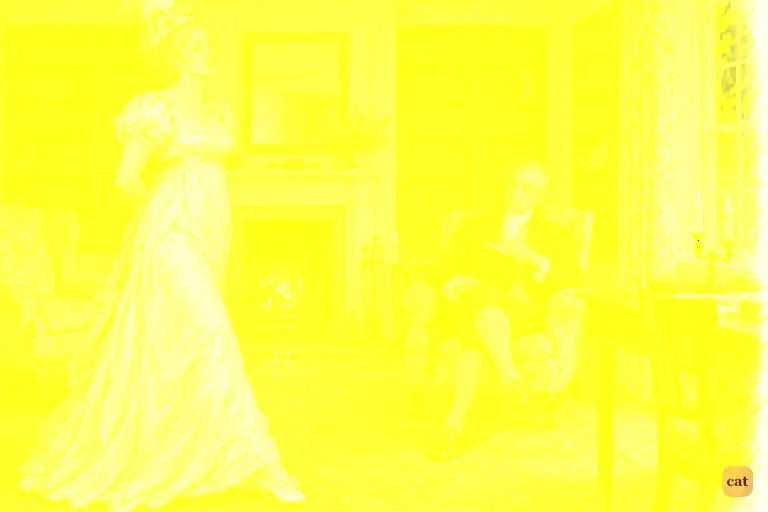 Mrs. Bennet mimics Darcy's conceited walk across the library as Mr. Bennet watches, amused