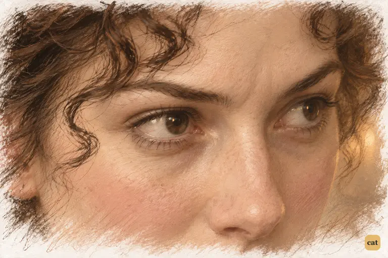 Elizabeth gazes toward the entrance as her hope hardens into a private condition