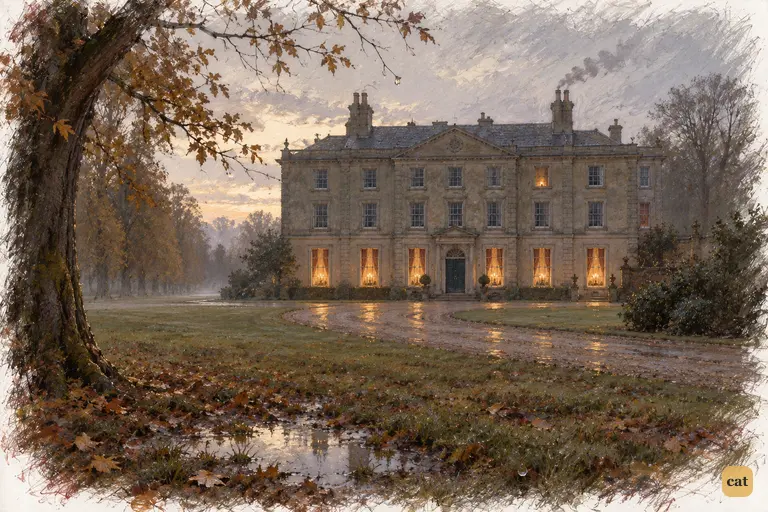 Netherfield stands across the wet park at dusk, its dining windows glowing warmly.