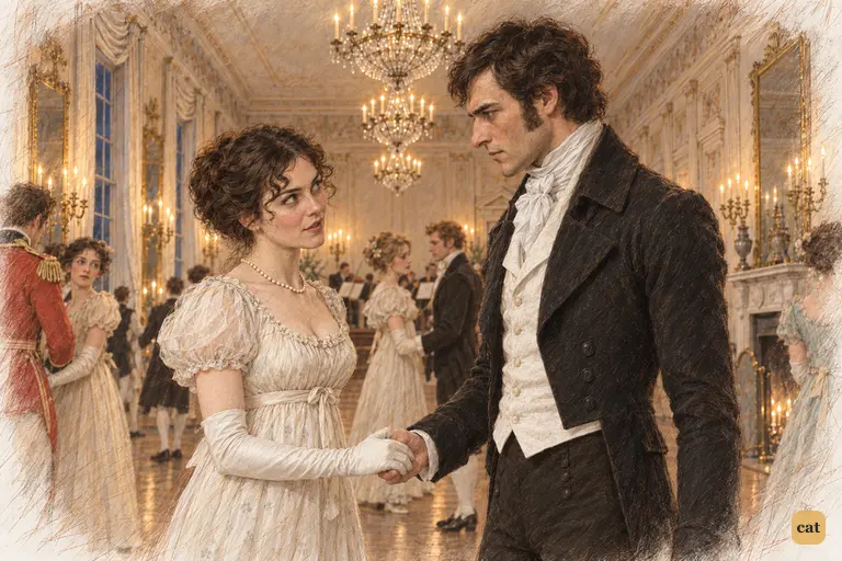 Elizabeth offers a mocking, modest disclaimer as she and Darcy join hands to turn
