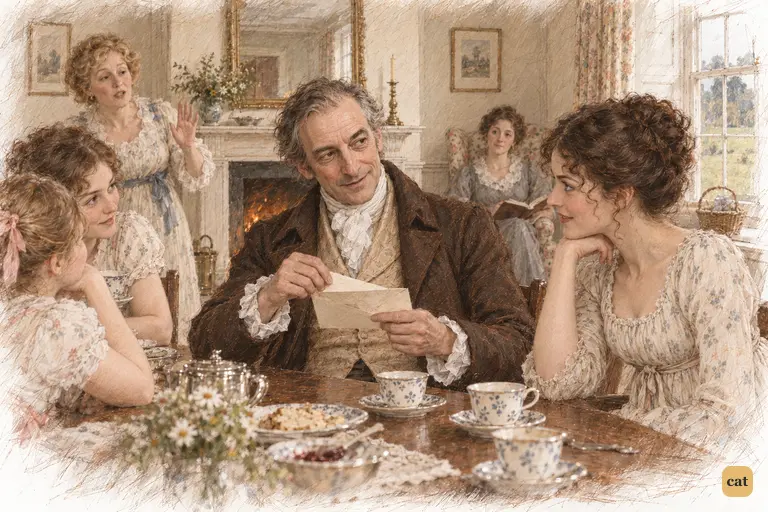 Mr. Bennet slowly unfolds Mr. Collins’s letter, exchanging a knowing glance with Elizabeth.