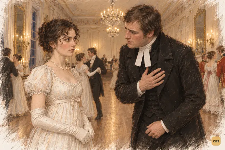 Collins interrupts the dance with a solemn apology while Elizabeth holds her composure.