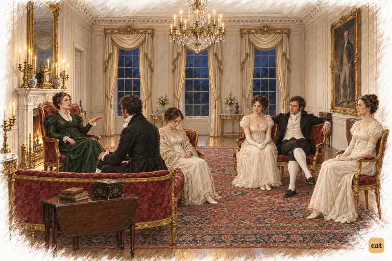 Lady Catherine holds Darcy's attention; Elizabeth, Fitzwilliam and Charlotte sit apart