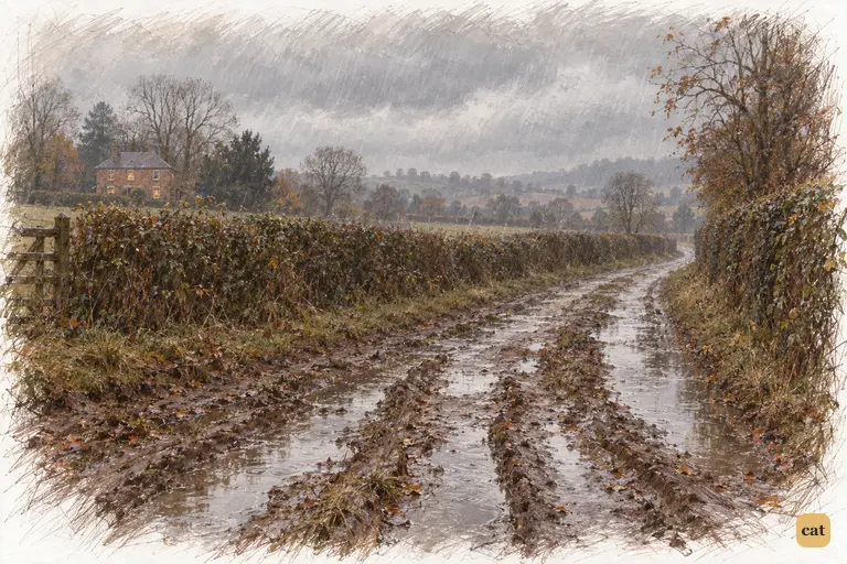 Steady rain pools in the empty lane from Longbourn toward Meryton.