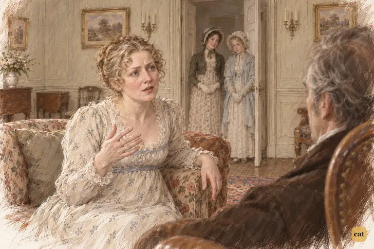 Mrs. Bennet greets Jane and Elizabeth’s return with fluttering reproaches over Jane’s health.